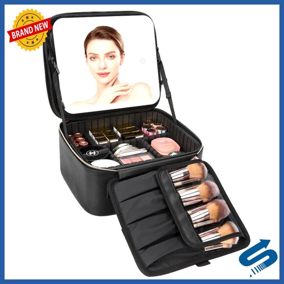 Handbags - LED Mirror Travel Makeup Case with Adjustable Dividers and Brush Holder